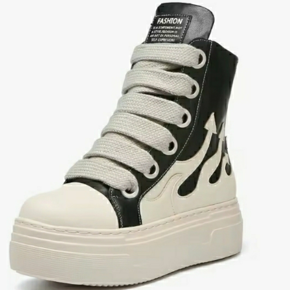 Fashion Black  White High-Top Sneakers Ankle Boots Platform Stick Sole Size 40 - Picture 3 of 12